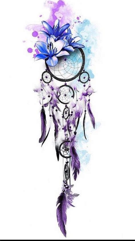 Watercolor Drawing Dream Catcher Tattoo On Thigh Purple Pink And Blue Colors Wh Dream