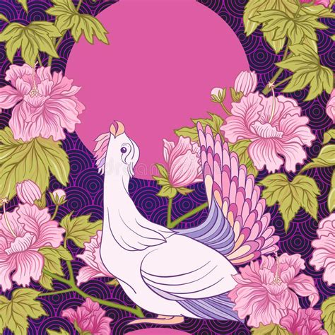 Seamless Pattern With Pink Peony And Bird In Japanese Style Vec Stock