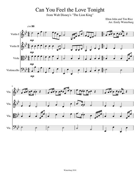 Can You Feel The Love Tonight For String Quartet Sheet Music For Violin Viola Cello String