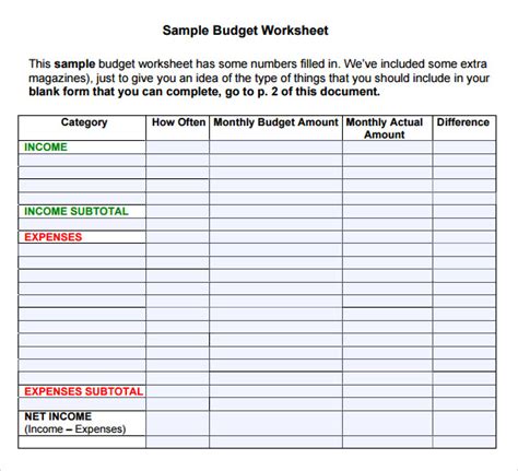 Budget Worksheet Template 7 Free Download For Pdf Excel
