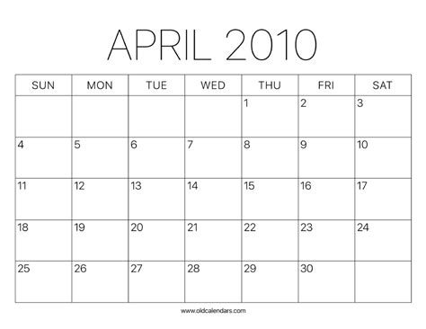 2010 Calendar April Printable Old Calendars