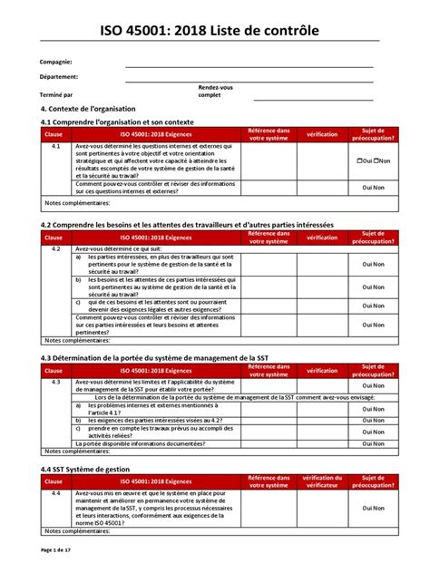 Iso 45001 2018 Audit Check List French Risque Processus Daffaires