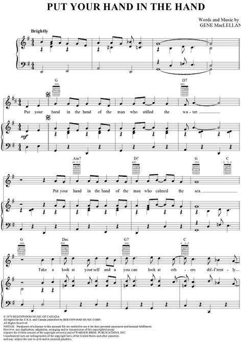 Put Your Hand In The Hand Printable Sheet Music Digital Sheet Music