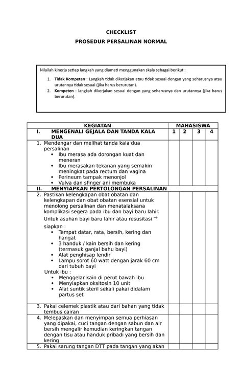 Checklist Apn Checklist Prosedur Persalinan Normal Kegiatan Mahasiswa