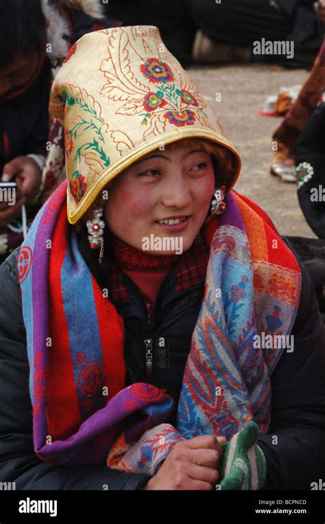 tibetan woman with golden silk hat garzê tibetan autonomous prefecture sichuan province china