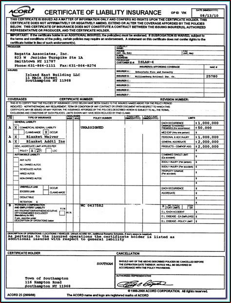 Blank Certificate Of Insurance Fillable Financial Report