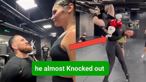 merab dvalishvili almost knocked out during sparring session with female kickboxer youtube