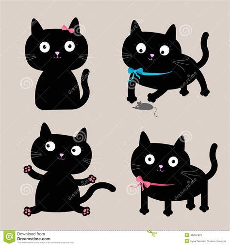 Cute Cartoon Black Cat Set Funny Collection Stock Vector
