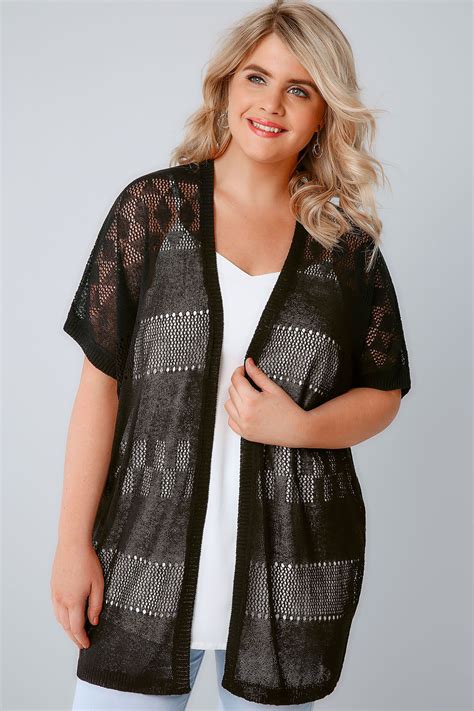 Black Crochet Knit Cardigan With Short Sleeves Plus Size Cardigans
