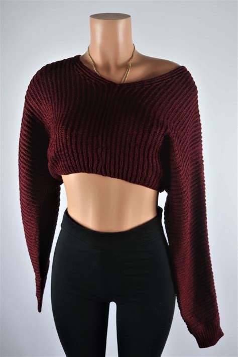 Justice Crop Sweater Burgundy Long Sleeve Knitted Crop Sweater