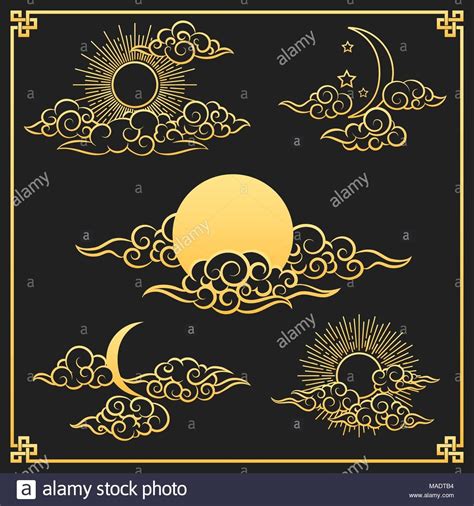 Download This Stock Vector Oriental Clouds Sun And Moon Gold Sun And