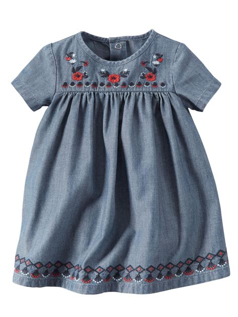 Carters Carters Infant Girls Blue Floral Embroidered Chambray Party