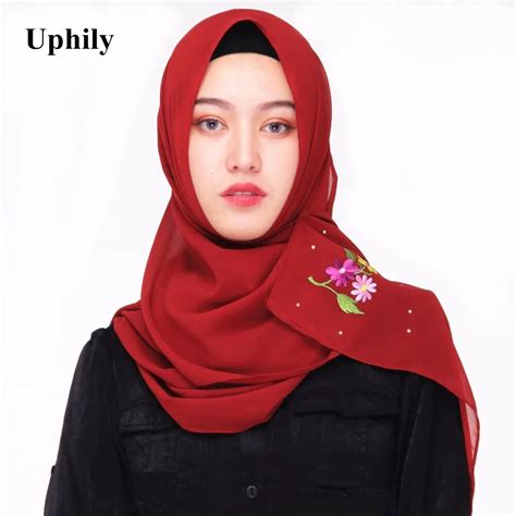 Women Scarf Muslim Hijab Scarf Chiffon Silk Shawl Embroidery Floral Scarves With Crystal
