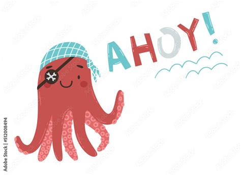 Cute Cartoon Pirate Octopus With Eyepatch And Bandana Pirate Greeting
