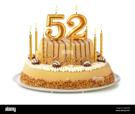 Festive Cake With Golden Candles Number 52 Stock Photo Alamy