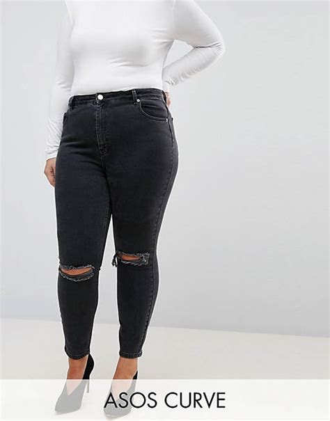 Asos Design Curve Super High Rise Firm Skinny Jeans With Busted Knees In Washed Black Asos