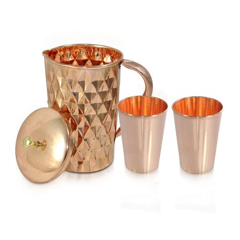Buy Dungri India ® Pure Copper Jug Water Pitcher 1500 Ml 50 Oz Diamond Cut Hammered With 2 V