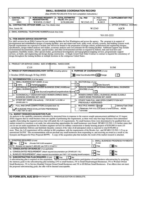 Dd Form 2579 Small Business Coordination Record Sample Printable Pdf