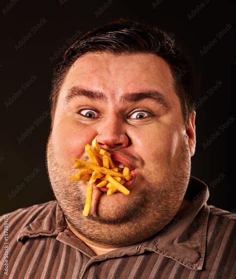 Diet Failure Of Fat Man Eating French Fries Fast Food Portrait Of