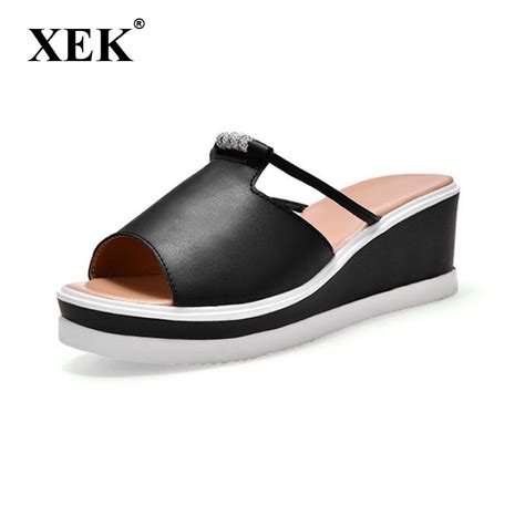 Xek Women Slipper Sandals Heels Wedges Platform Leather Peep Toe