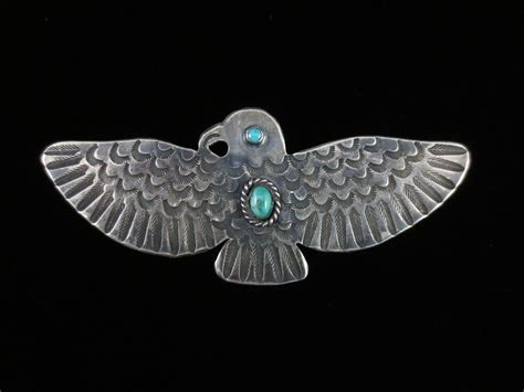 Vintage Navajo Silver And Turquoise Thunderbird Manta Pin Silver