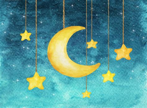 Yellow Moon And Stars Hanging From Strings Watercolor Illustration