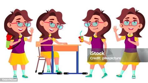 Gadis Anak Sekolahan Pose Set Vector Teman Sekelas Anak Sma Hidup