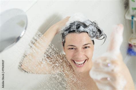 Shower Woman Happy Smiling Woman Washing Shoulder Showering In Stock Photo Adobe Stock