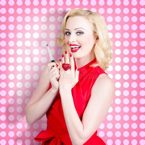 Nail Hand Model Retro Pinup Girl With Red Nails Stock Image Image Of