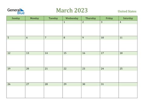 United States March 2023 Calendar With Holidays