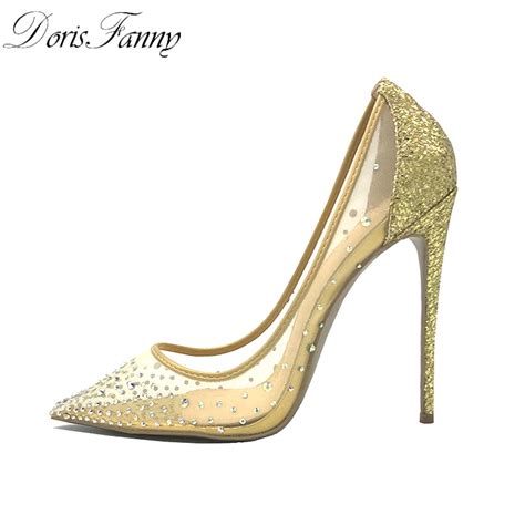 Dorisfanny Rhinestone Sexy Red Bottom High Heels Pumps 12cm Large Size Gold Crystals Party