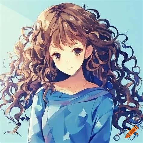 Anime Girl Curly Brown Hair Blue Themed Clothes Cute Kawaii Clean