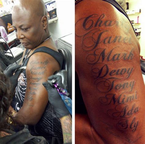 This tattoo, placed on the inside forearm, perfectly demonstrates the importance of the child in the wearer's life. Charly boy tattoos the name of all his children on his arm...also pierced his balls (photos)
