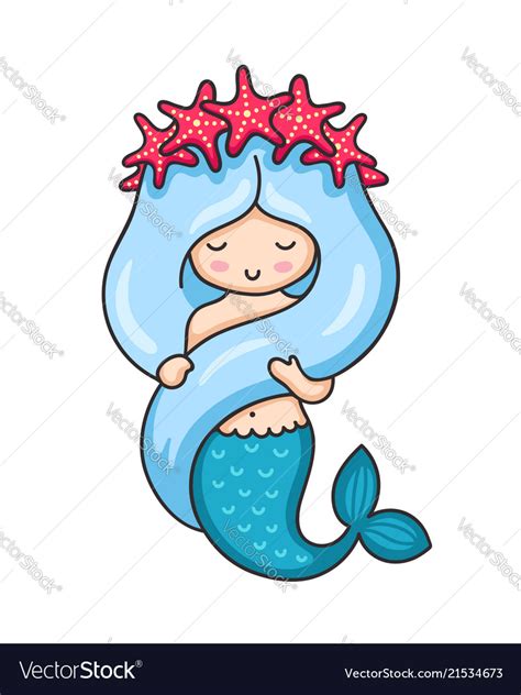 Cute Mermaid With Long Blue Hair And Wreath Red Vector Image