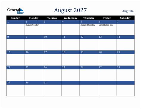 August 2027 Anguilla Holiday Calendar