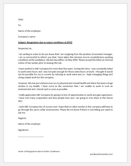 Letter Of Resignation Due To Unfair Conditions Download