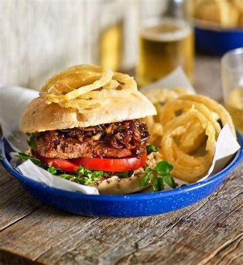 Steak Burgers With Beer Battered Onion Rings Recipe Better Homes And