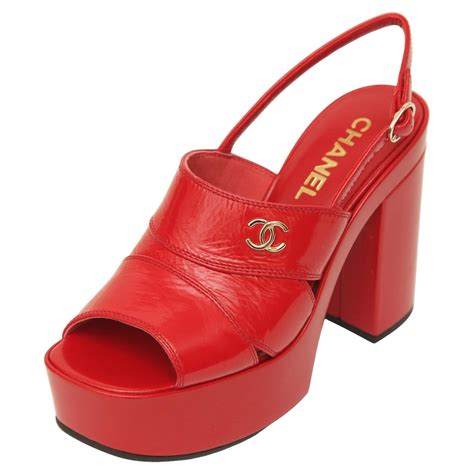 Chanel Red Patent Leather Platform Sandals Gold Hw Sz 38 Runway 2023
