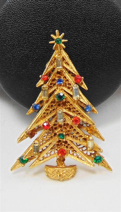 Vintage Signed Art Candle Christmas Tree Brooch Pin Gem