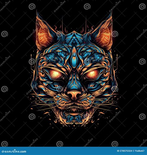 Image Of Cyberpunk Cat Mask With Colorful Patterns On Black Background