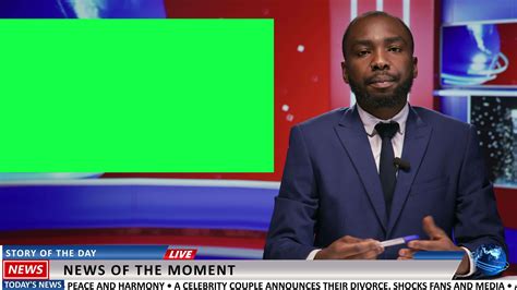 Newscaster does report with greenscreen on live tv program, presenting