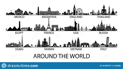 Famous Landmark Of Country In Asia Europe And America Silhouette Style