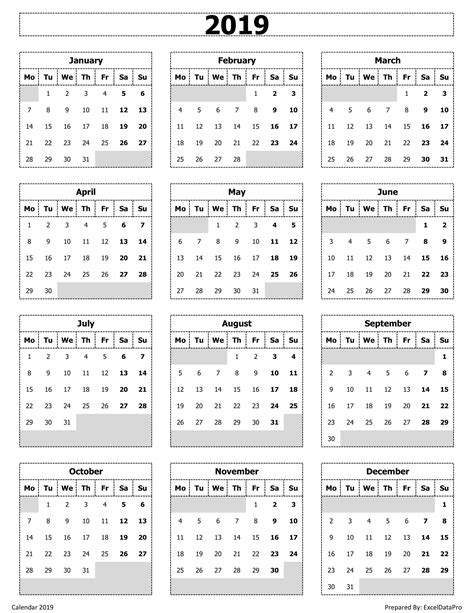 2019 Calendar Excel Templates Printable Pdfs And Images Exceldatapro