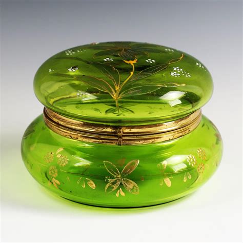 X Large Antique Victorian Era Green Enameled Glass Hinged Trinket Box From Memorablecollection