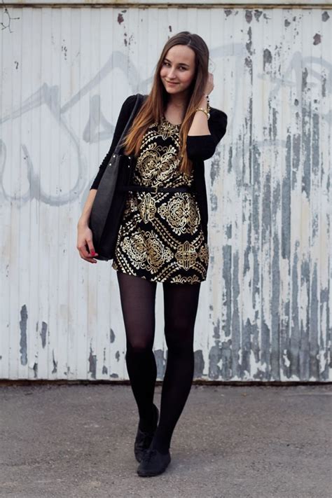 Black Opaque Tights With Baroque Gold Print Dress Fashion Clothes
