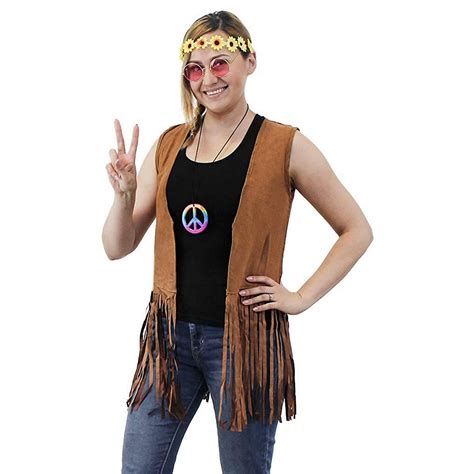 60s 70s Hippie Halloween Costume 5 Set Vest Headband Glasses Pouch