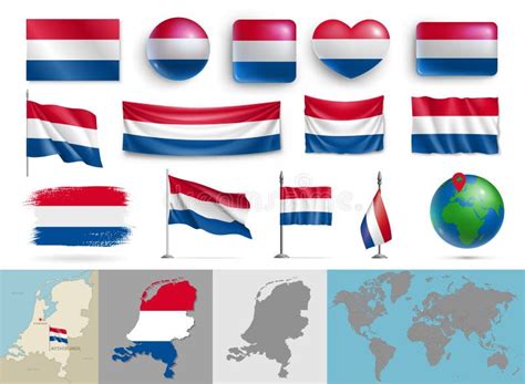 Netherlands Flags Of Various Shapes And Geographic Map Set Stock Vector