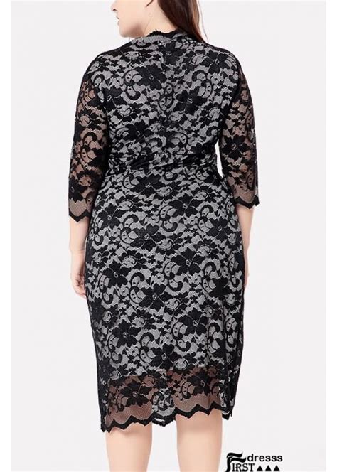 Black V Neck Crochet Sexy Plus Size Lace Dress T901554277801