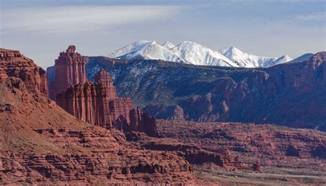 Moab Utah Red Rocks And Snowcapped Mountains Roads Less Traveled