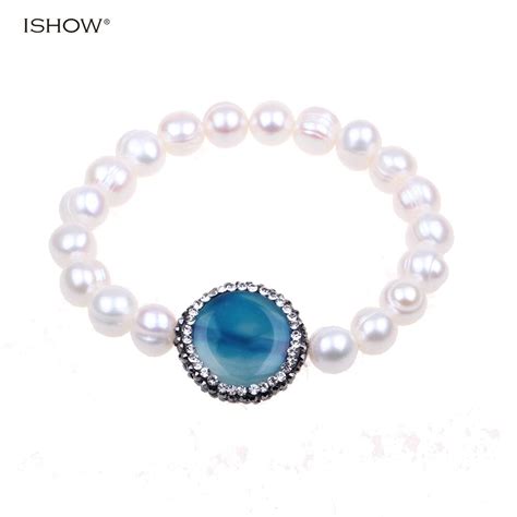 Blue Crystal Inlaid Natural Stone Statement Pearl Bracelets For Women